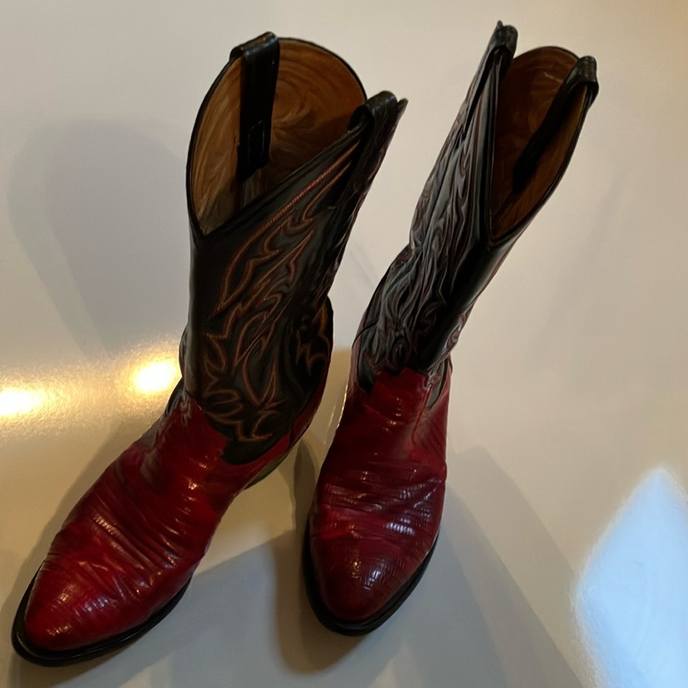Tony Lama Red and Black Cowboy Boots with Decorative Stitching
